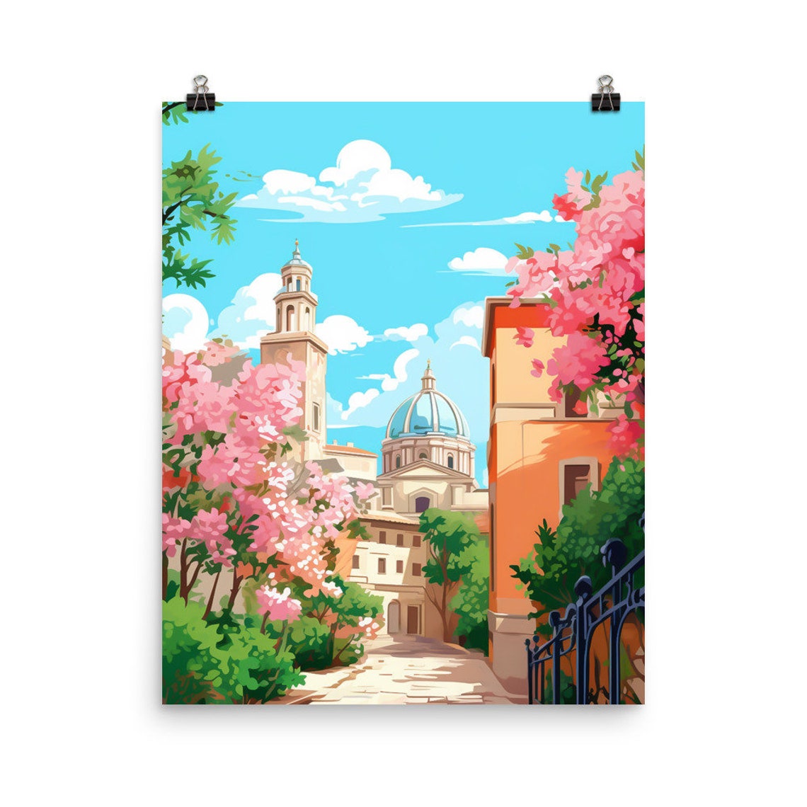 Saint Peters Basilica Rome with Pink Blossoms Watercolor Poster