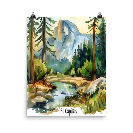 El Capitan Yosemite Watercolor Mountain Forest River Landscape Poster