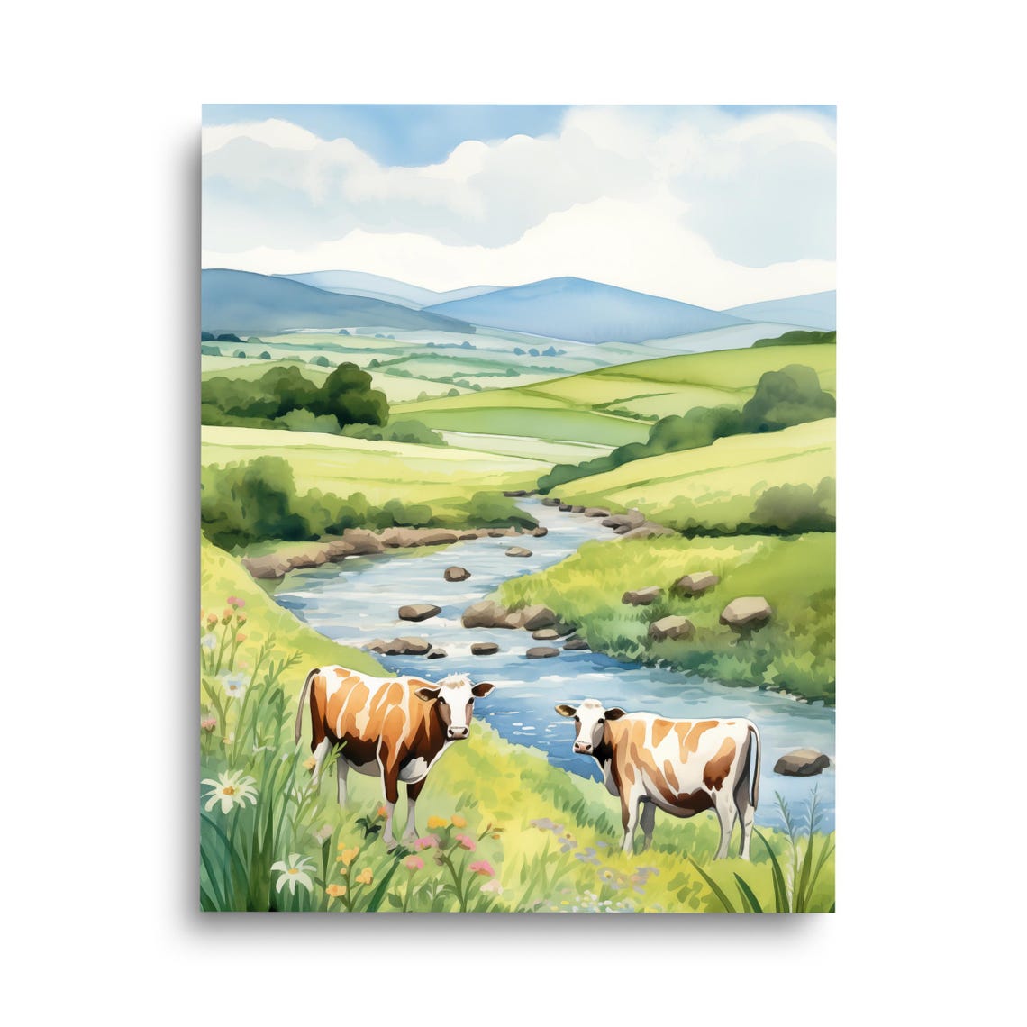 Shepherds Valley Cows River Meadow Pastoral Watercolor Poster