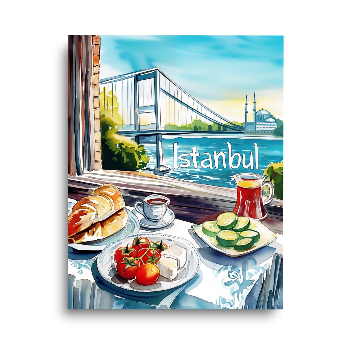 Istanbul Breakfast Watercolor Bosphorus View Turkish Kitchen Poster