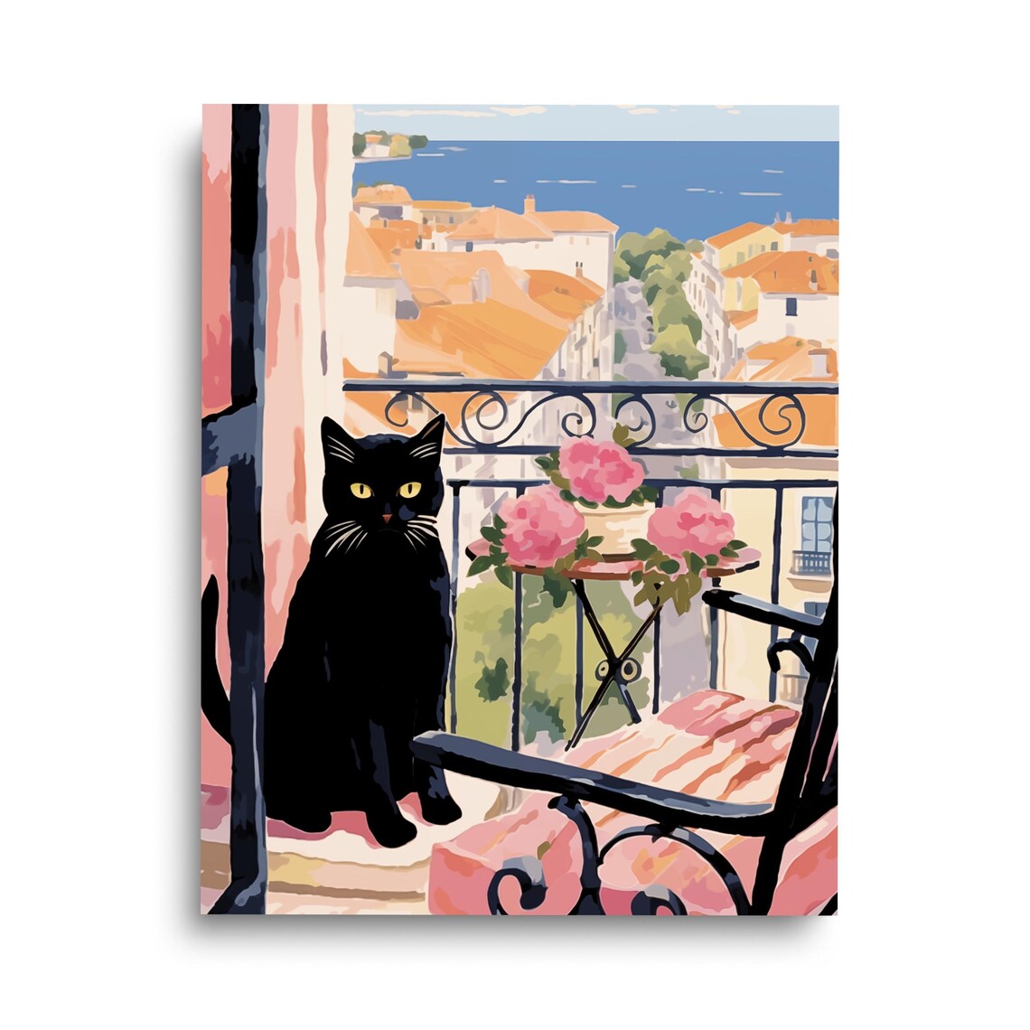 Black Cat Watercolor Print, Spanish Coastal Cityscape