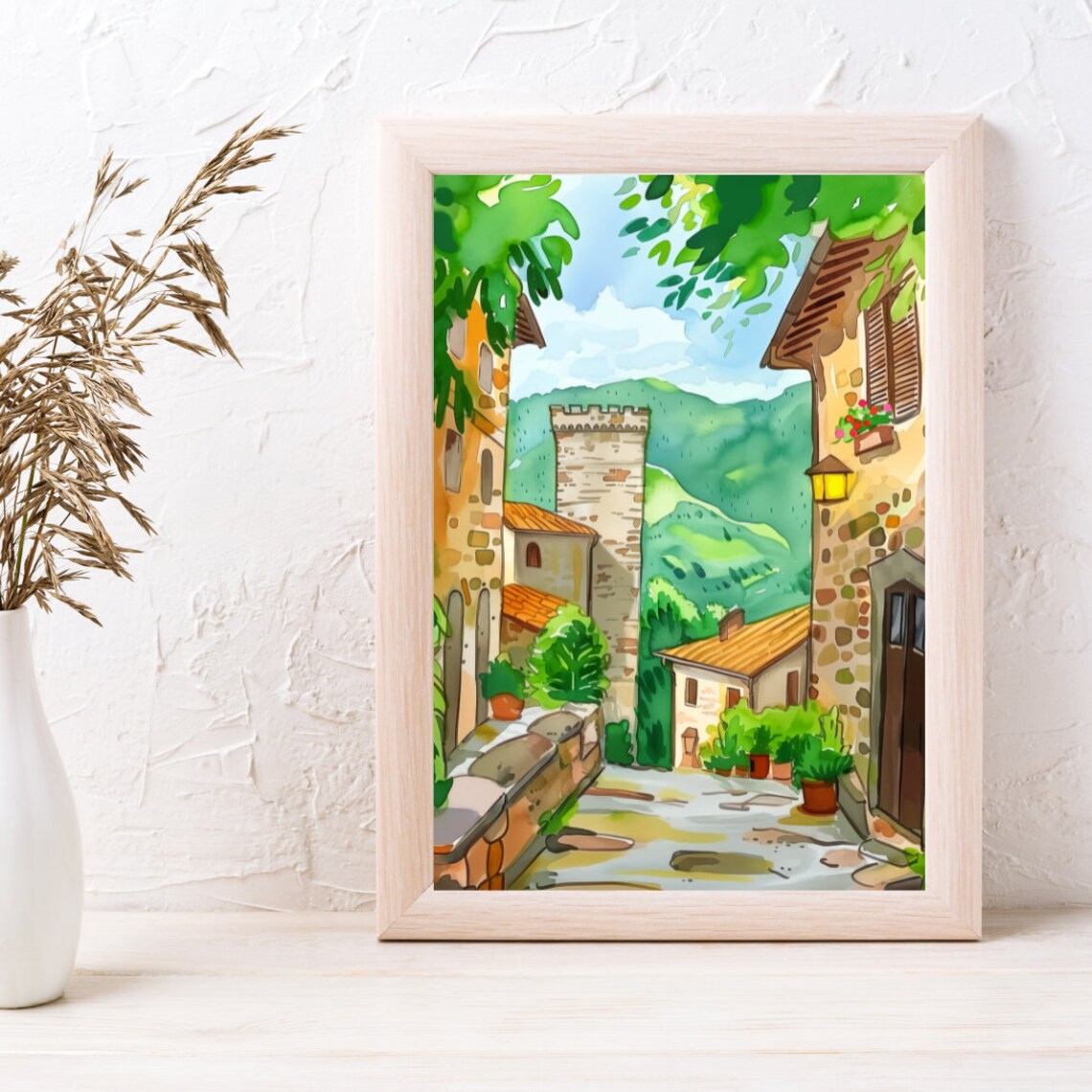Gubbio Stone Village Street with Medieval Tower Watercolor Poster - Image 3