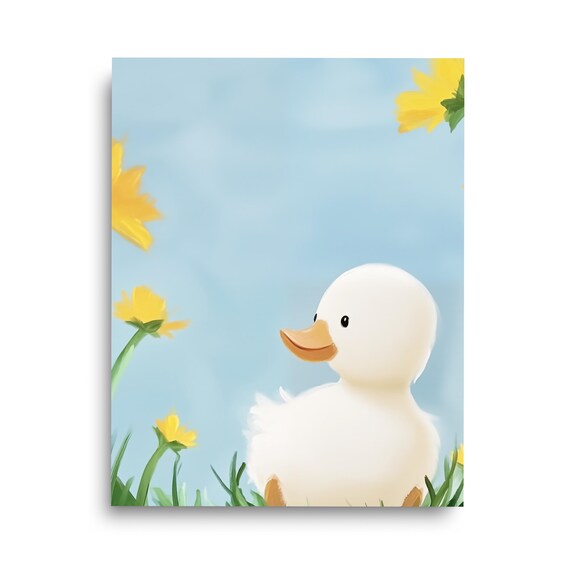 White Duckling with Yellow Daffodils Nursery Watercolor Poster