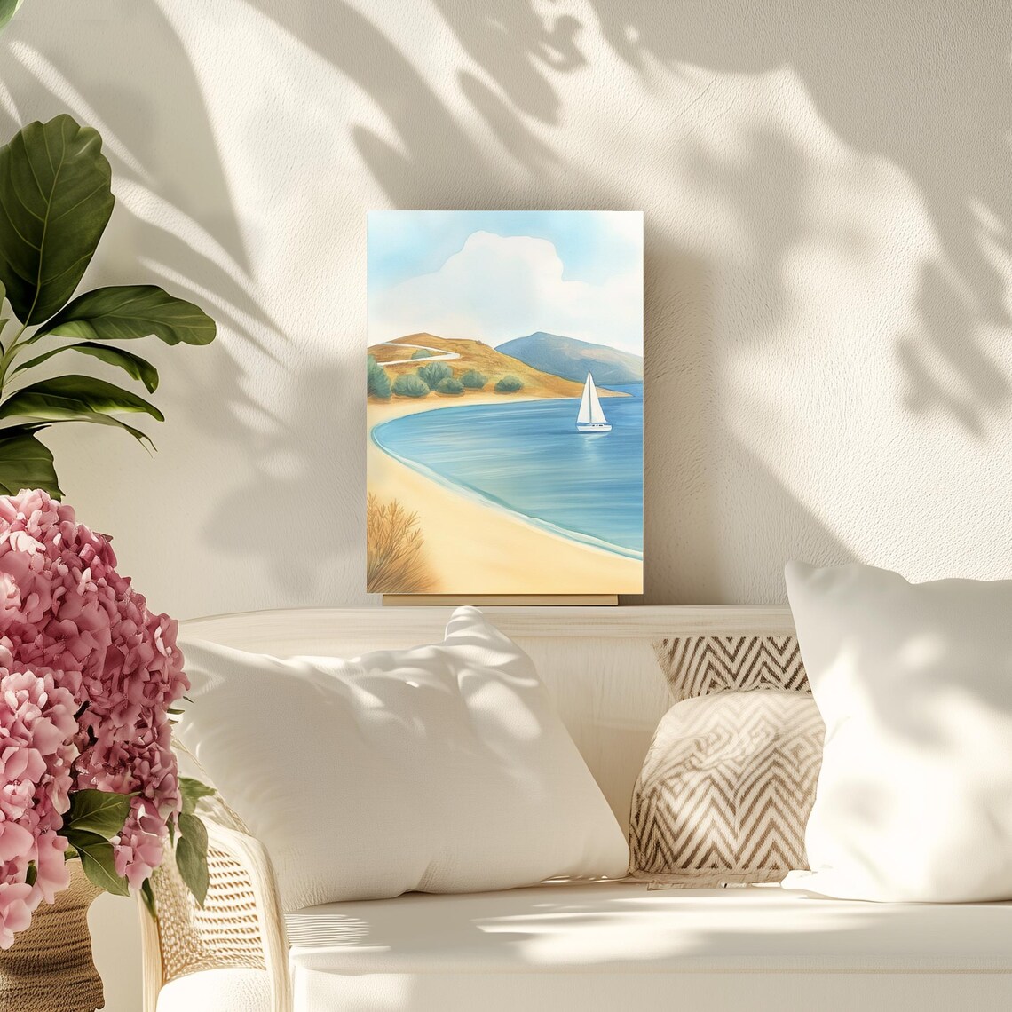 Kolona Beach Kythnos Greece Watercolor Sailboat Cove Scene Poster