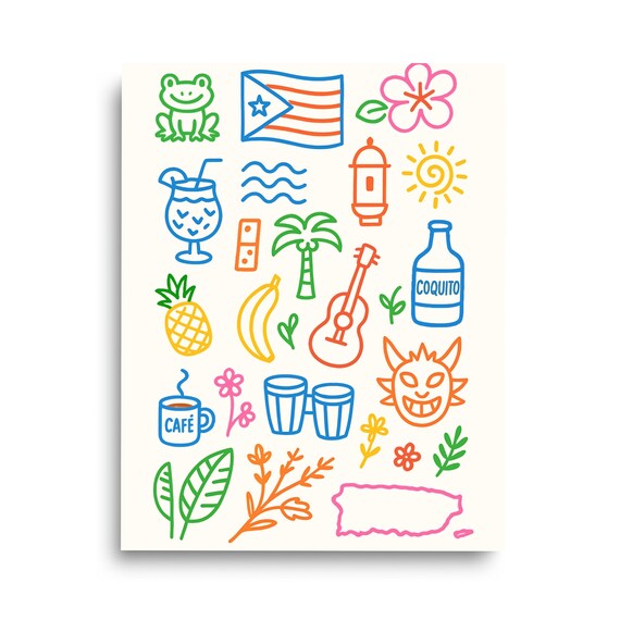 Puerto Rico Culture Doodles Colorful Island Symbols Art Poster