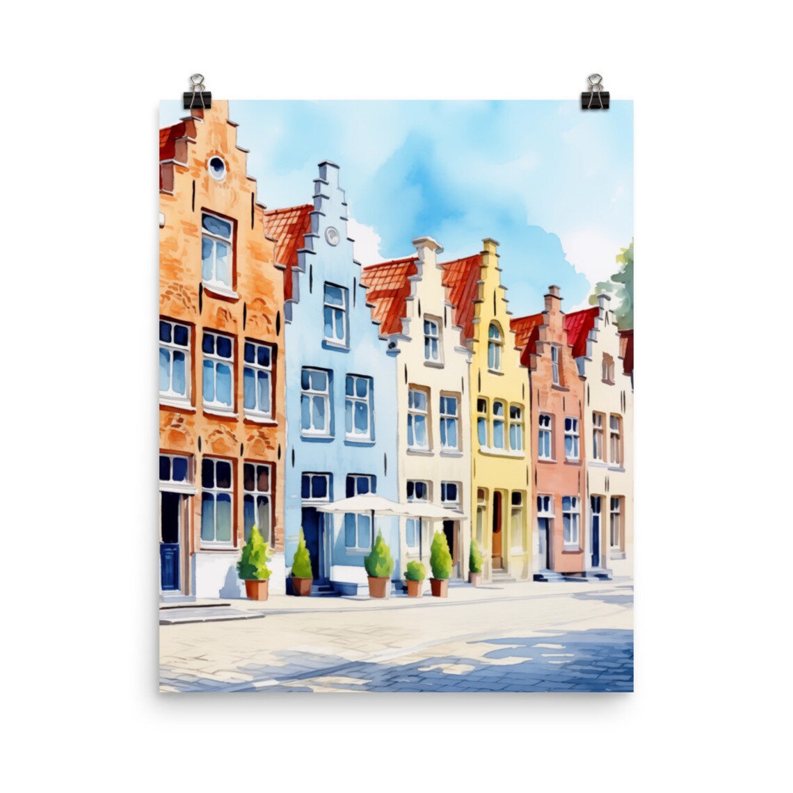 Bruges Watercolor Travel Poster, Belgium Cityscape