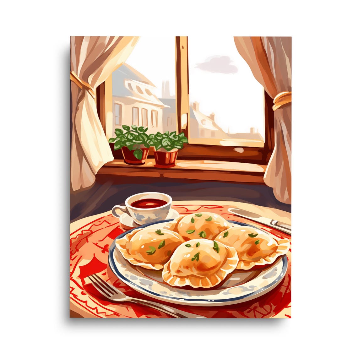 Golden Polish Pierogi by a Sunlit Window Watercolor Kitchen Poster