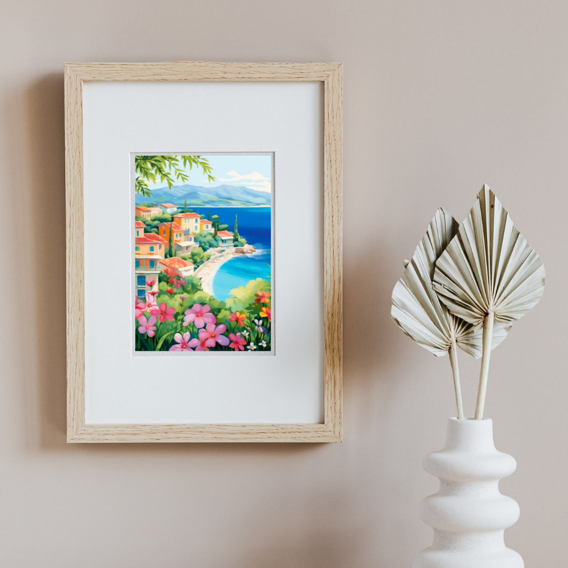 Corfu Ionian Sea Coastal Village with Pink Flowers Watercolor Poster - Image 2