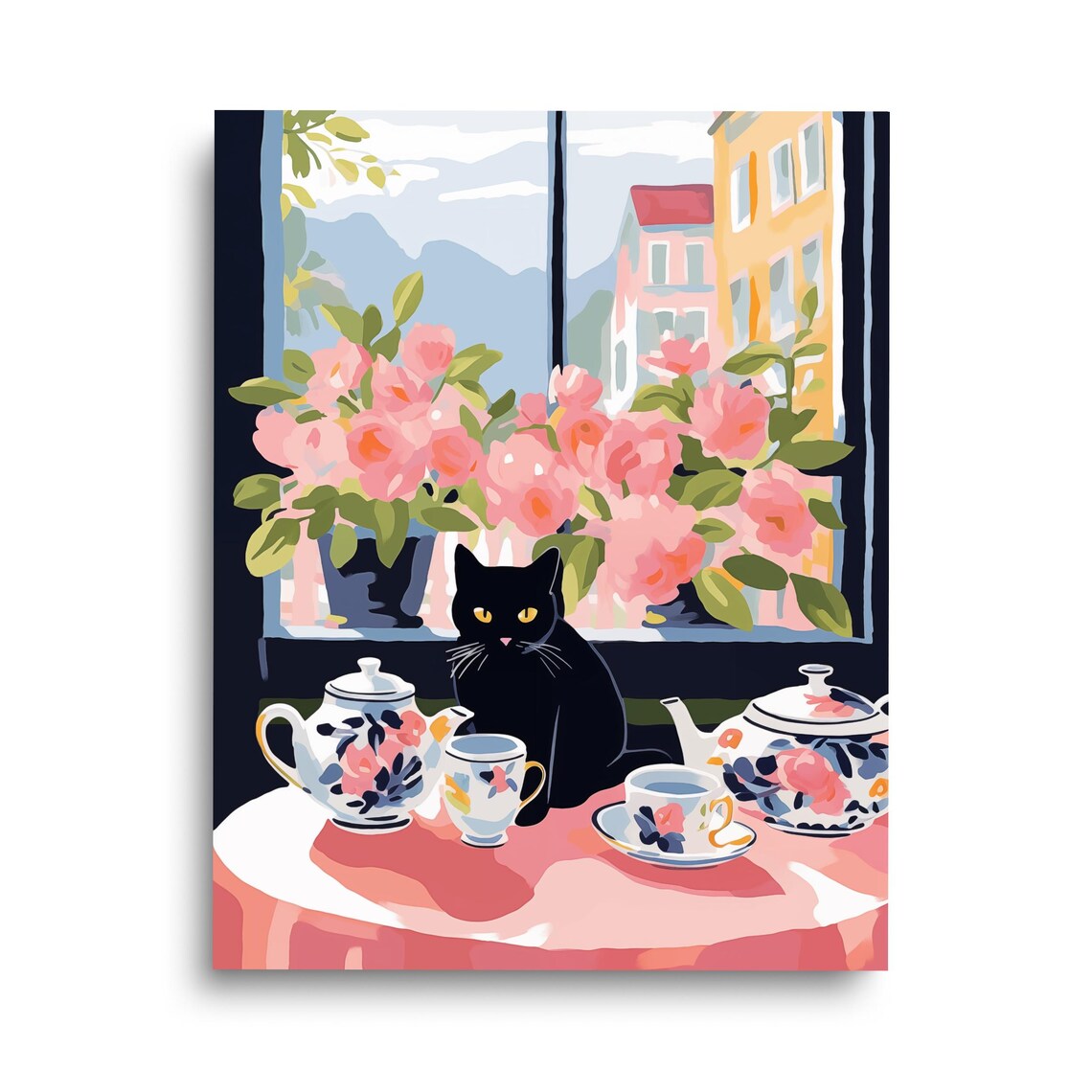 Black Cat Watercolor Print, Cute Teapot Kitchen Poster