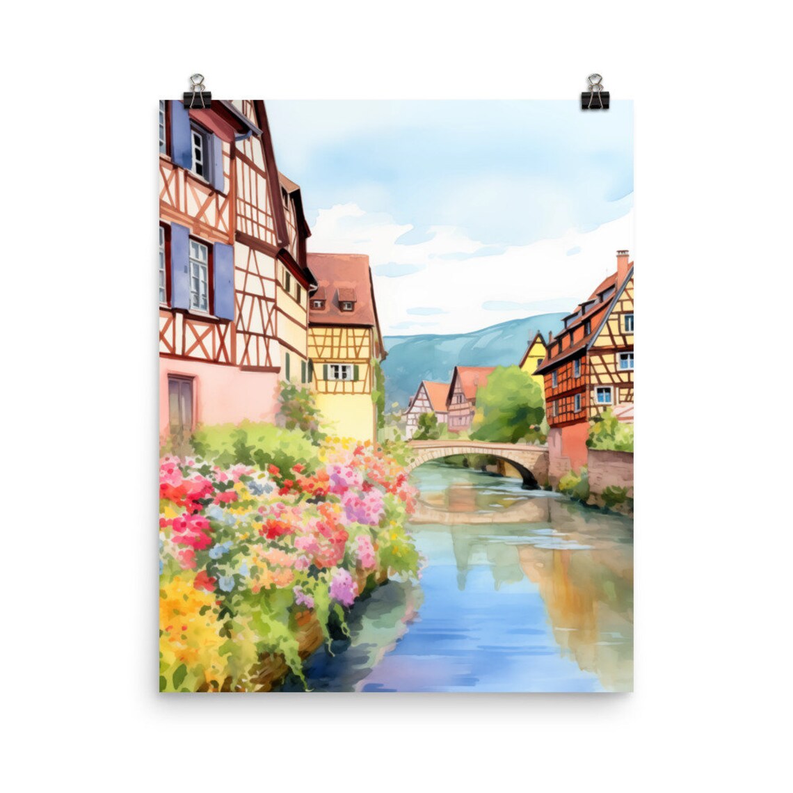 Colmar Watercolor Print, French Village Canal Scene