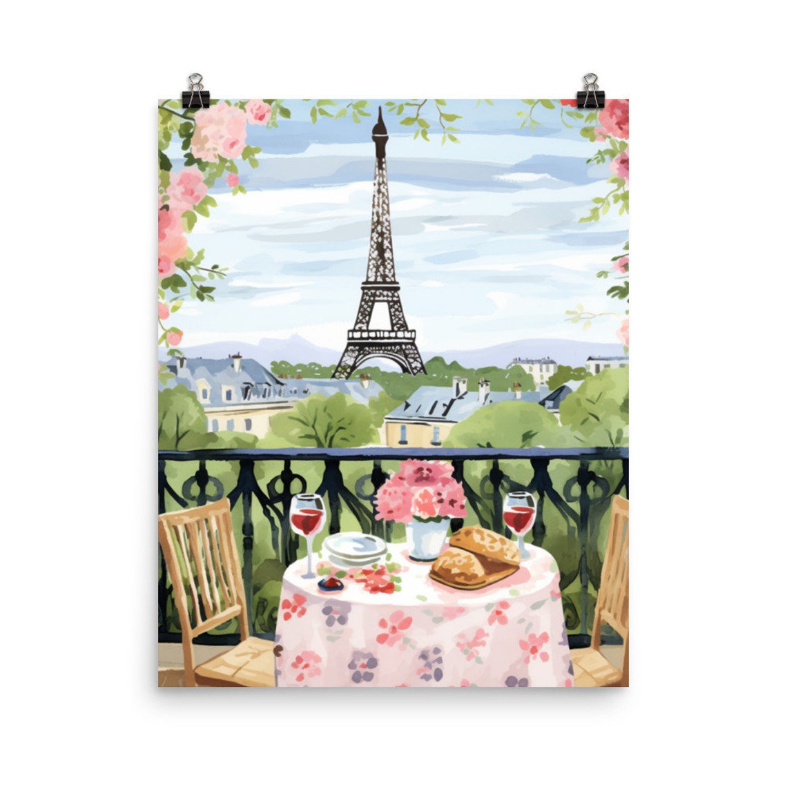 Paris Balcony Table with Wine and Eiffel Tower View Watercolor Poster