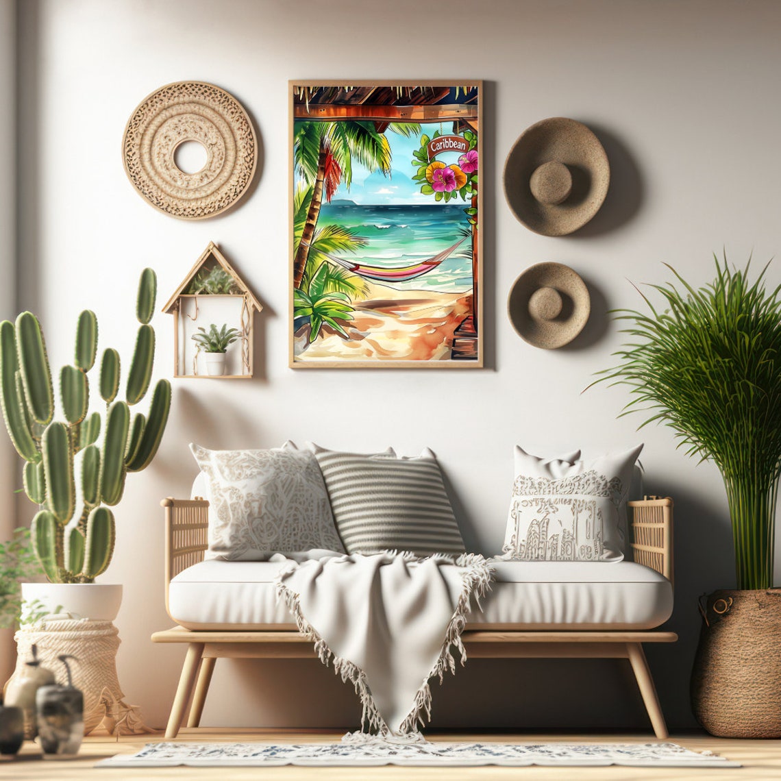 Caribbean Beach Hammock Under Palm Trees Watercolor Island Poster - Image 2