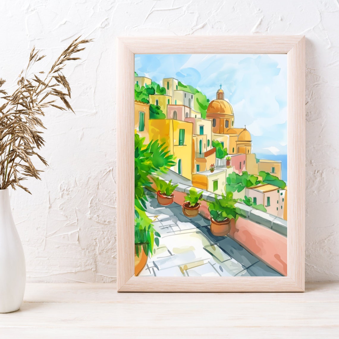 Corricella Procida Hillside Village Dome Church Watercolor Poster - Image 3