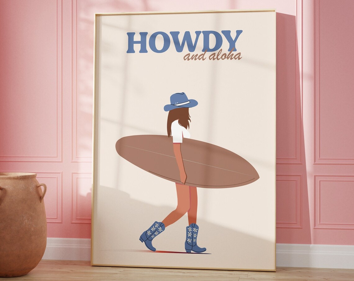 Coastal Cowgirl Howdy Girly Art Print, Surf Girl