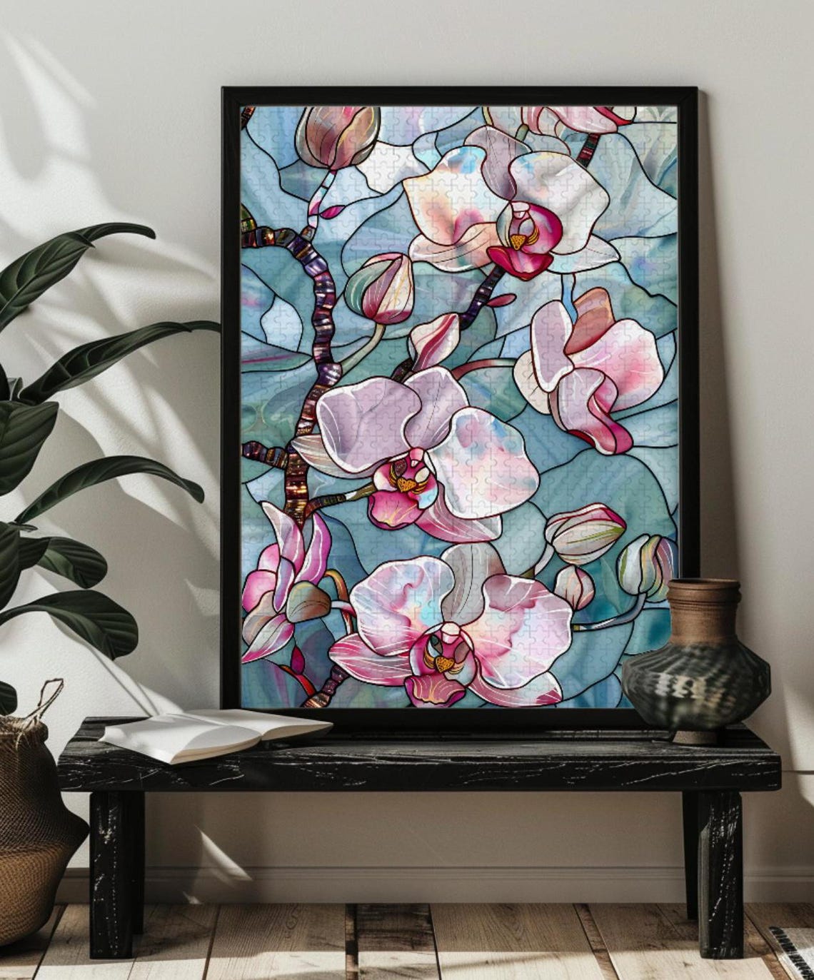 Elegant Pink Butterfly Orchids Blooming in Stained Glass Poster - Image 4