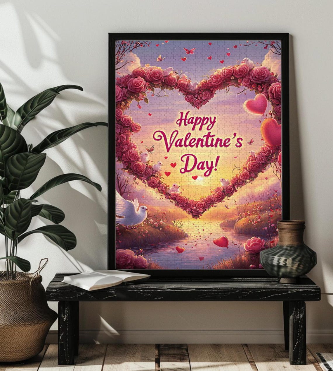Happy Valentines Day Hearts Doves Roses Romantic Wish Poster - Image 3