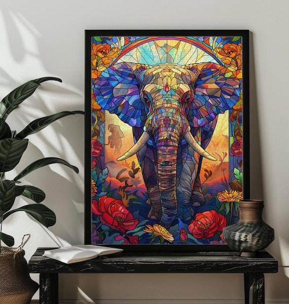 Majestic Elephant Portrait in Colorful Stained Glass Mosaic Poster