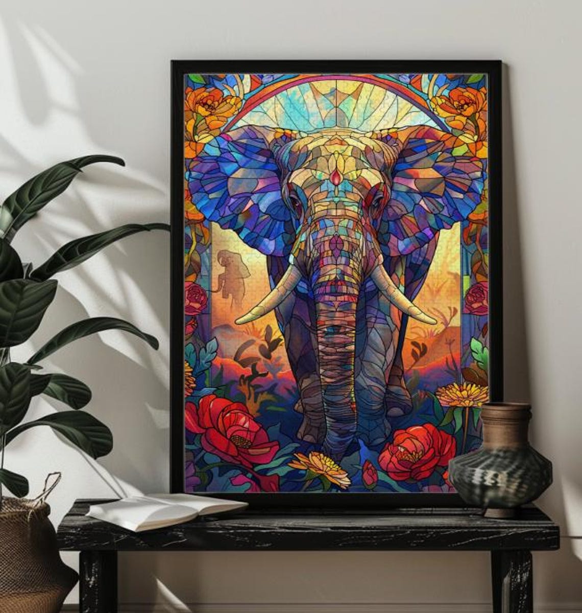Majestic Elephant Portrait in Colorful Stained Glass Mosaic Poster