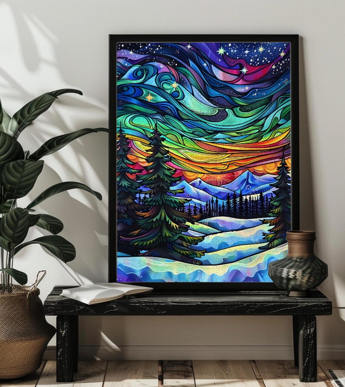 Northern Lights Stained Glass Art Print, Forest Aurora