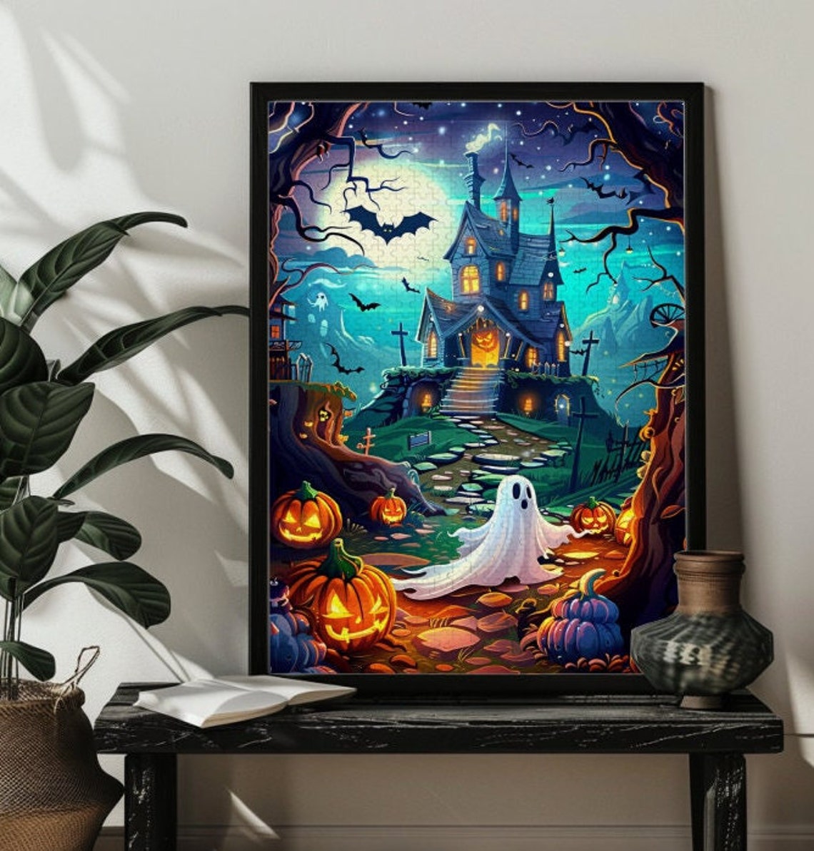 Halloween Haunted House with Ghost and Pumpkins Spooky Poster