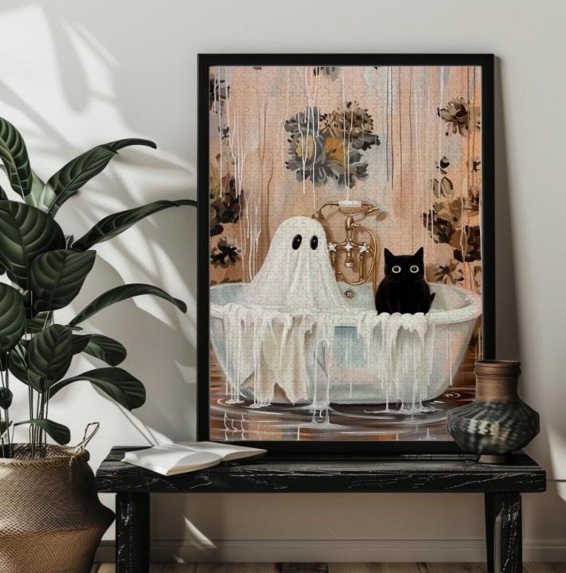 Ghost And Cat In Bathtub Spooky Halloween Art Print - Image 4