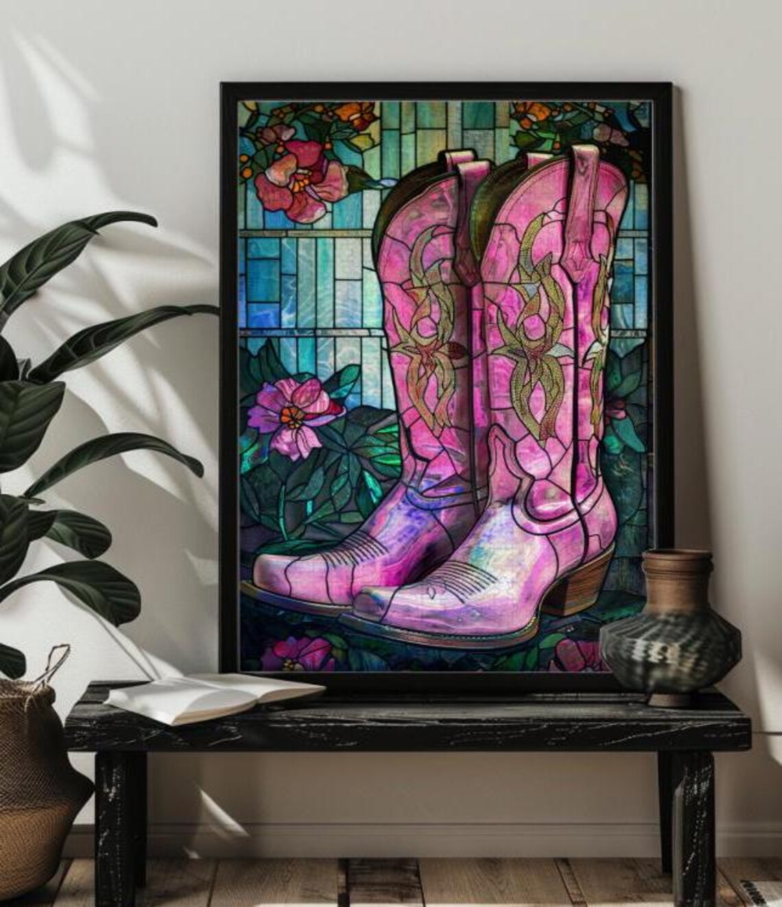 Pink Cowgirl Boots Stained Glass Art Print - Image 4