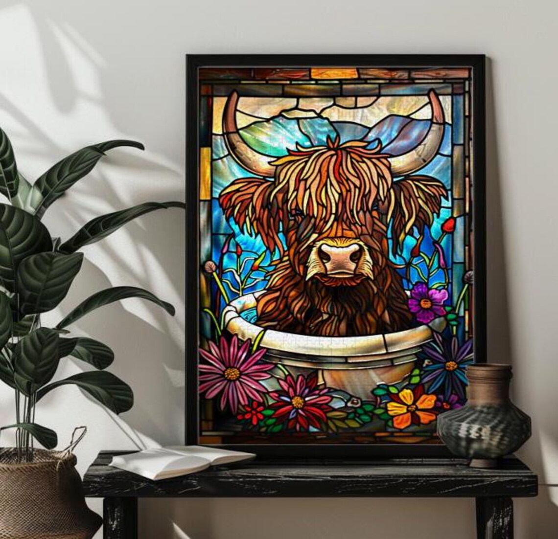 Stained Glass Highland Cow Bathroom Wall Art Print - Image 2