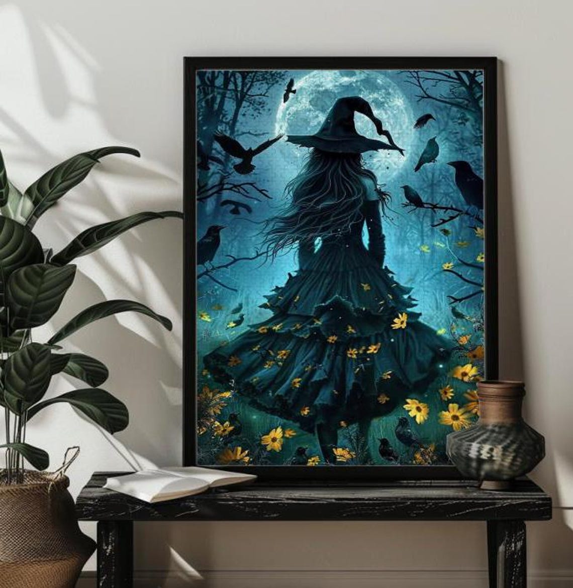 Moonlit Witch in the Forest Ravens Blue Magic Night Art Poster - Image 4