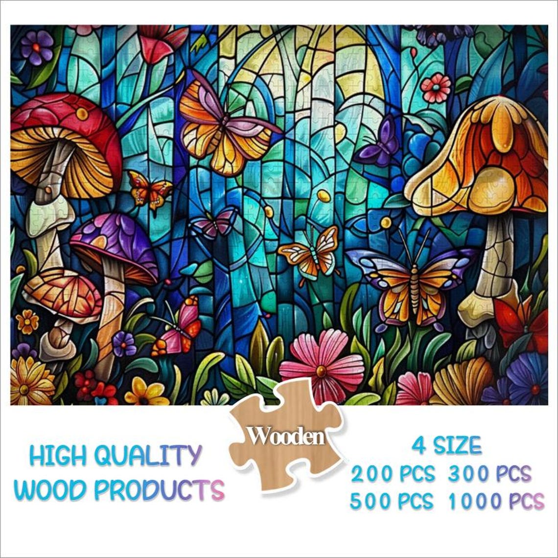 Stained Glass Mushroom Forest With Butterflies Enchanted Art Poster