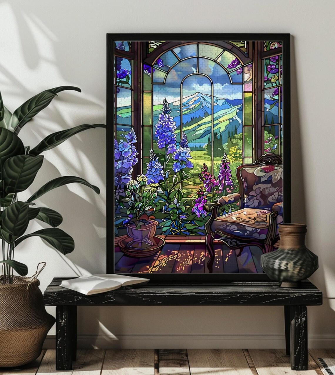 Stained Glass Lavender Delphiniums Art Print - Image 3