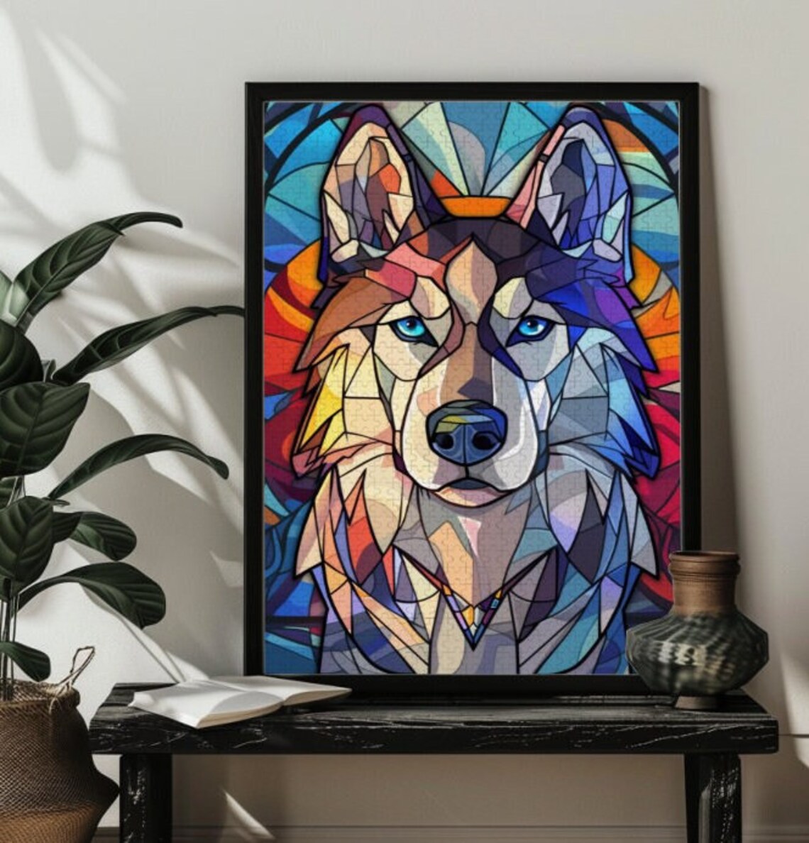 Stained Glass Husky Portrait with Blue Eyes Blue Wolfdog Poster