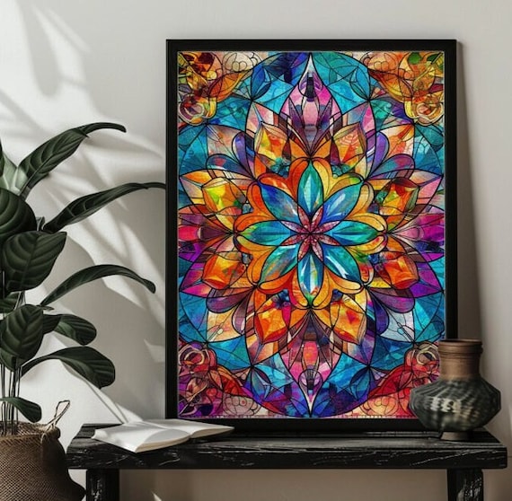Rainbow Stained Glass Mandala Flower Kaleidoscope Art Poster