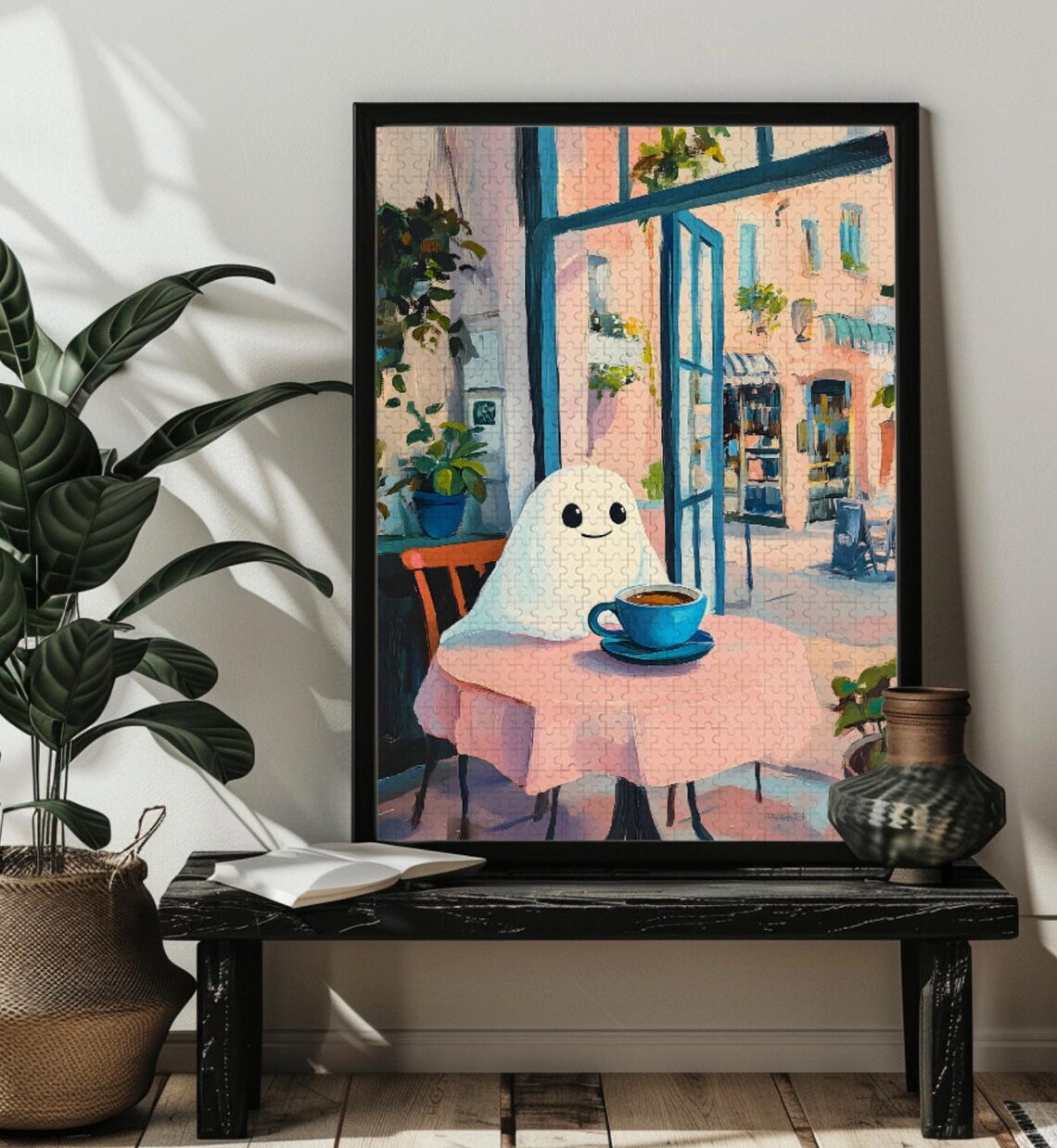 Little Spooky Ghost Drinking Coffee Art Print - Image 4