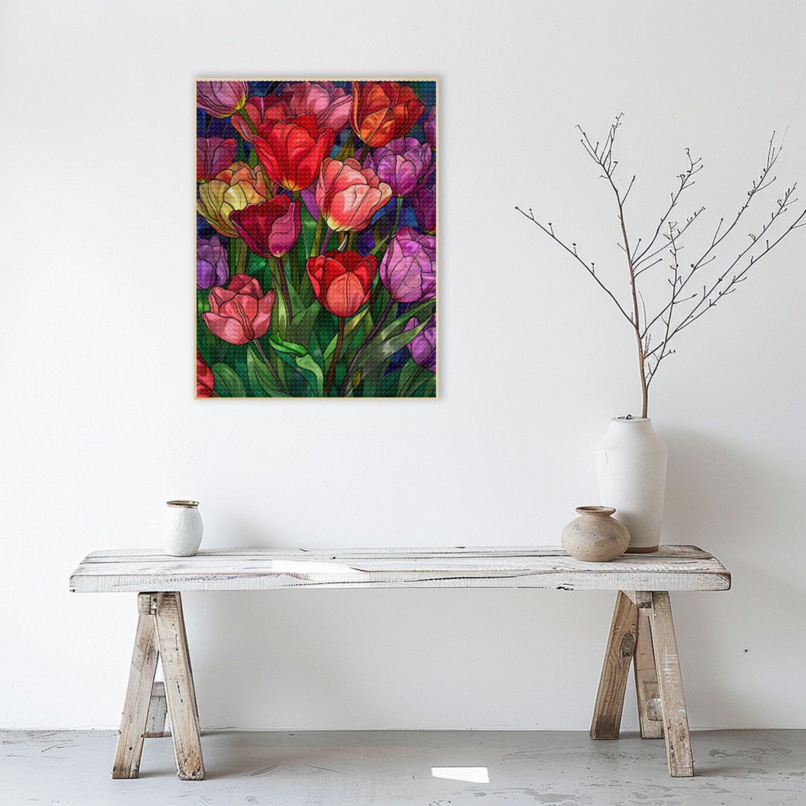 Vibrant Stained Glass Tulip Bouquet Purple Red Orange Bloom Poster - Image 3