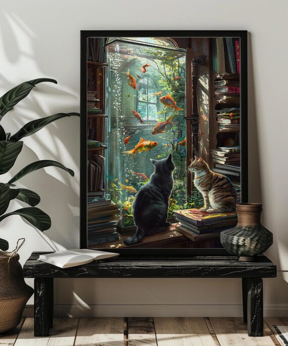 Two Cats Watching Goldfish in a Cozy Library Aquarium Poster