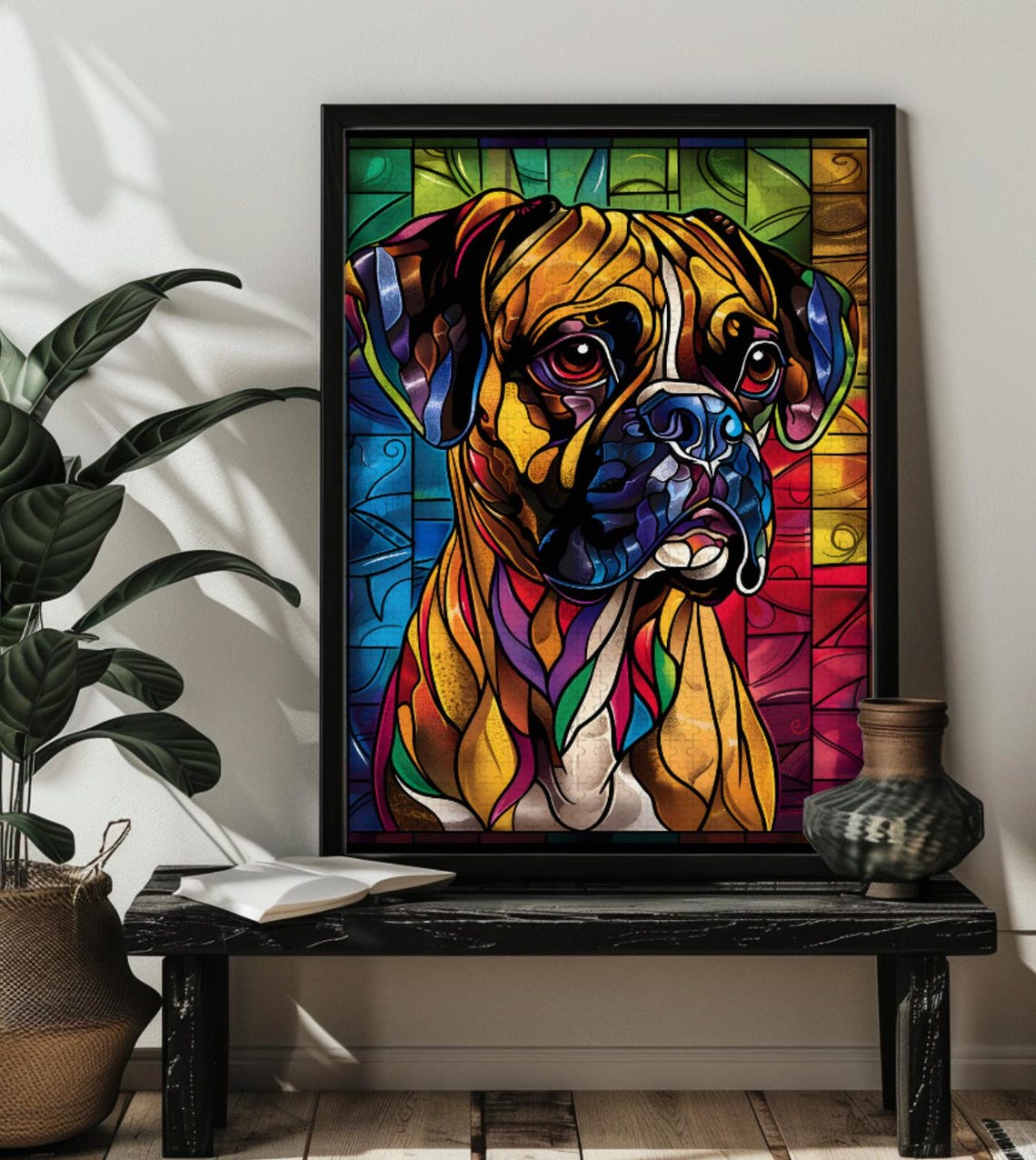 Stained Glass Boxer Dog Portrait with Roses Dog Lover Poster - Image 3