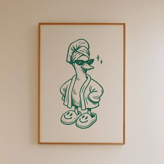 Funny Duck Bathroom Poster Cool In Slippers Art Retro Animal Print Quirky Wall For Funky Gift