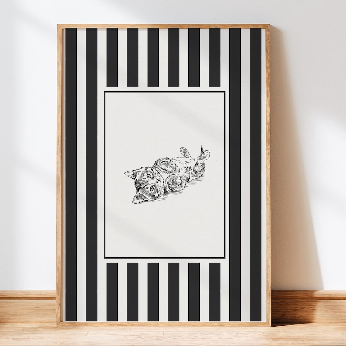 Black and White Striped Playful Kitten Sketch Decor Art Poster