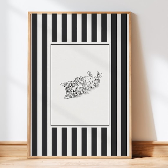 Black and White Striped Playful Kitten Sketch Decor Art Poster