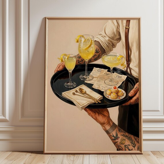 Funny Limoncello Bartender Art Print Moody Lemon Bar Cart Decor Maximalist Italian Cocktails Poster Mid Century Still Life Illustration