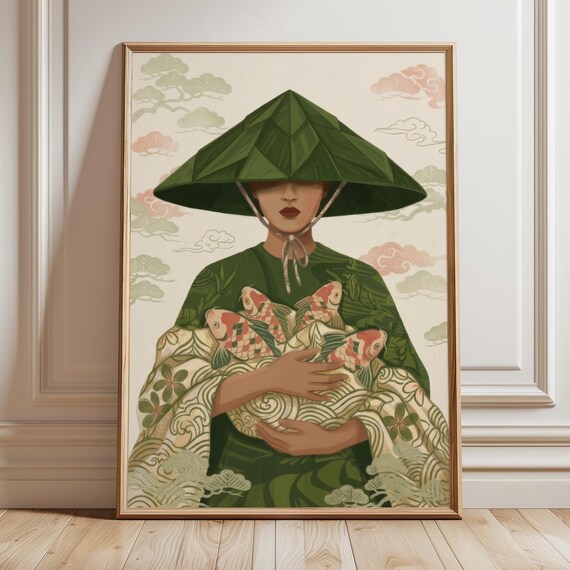 Japanese Woman With Koi Fish Illustration Print Modern Japandi Decor Minimalist Zen Poster Woodblock Asian Inspired Unique Spiritual Gift