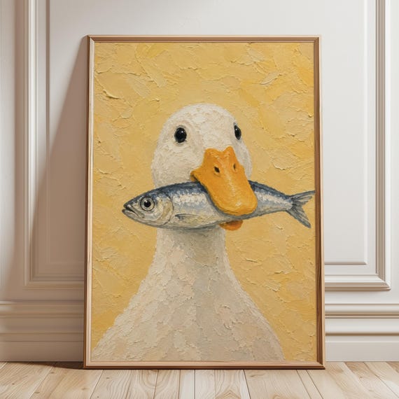 Funny Goose Wall Art Print Duck Holding Sardine Poster Quirky Eclectic Kitchen Decor Whimsical Silly With Fish Impasto Painting