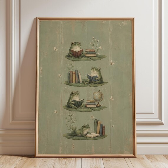 Cottagecore Frog Reading Art Print, Whimsical
