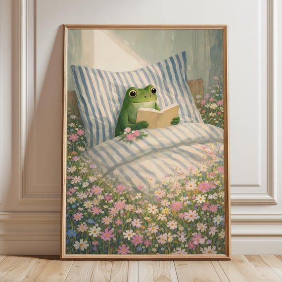 Frog Reading Book In Bed, Cottagecore Illustration
