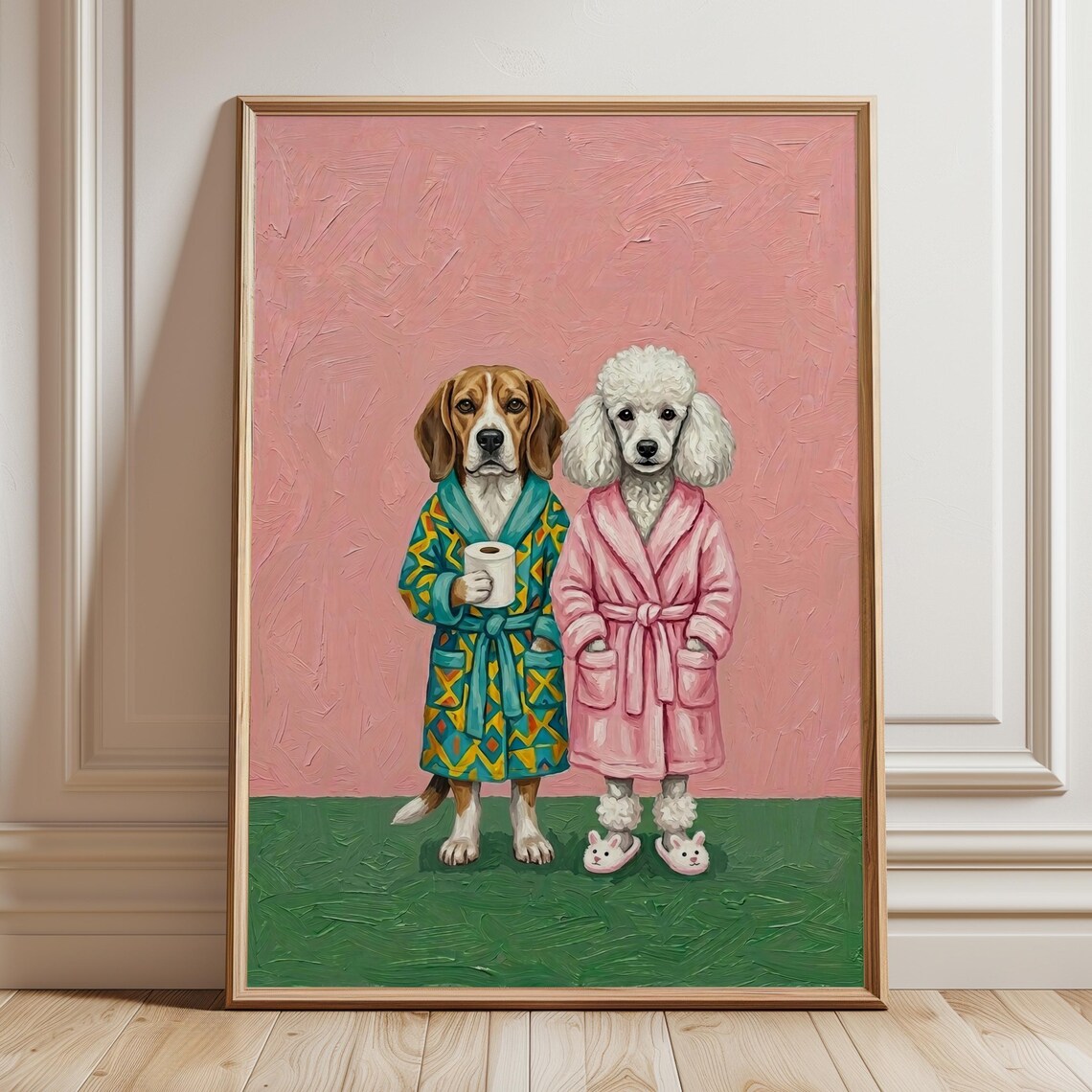 Beagle And Poodle In Bathrobes Funny Dog Portrait Poster Art