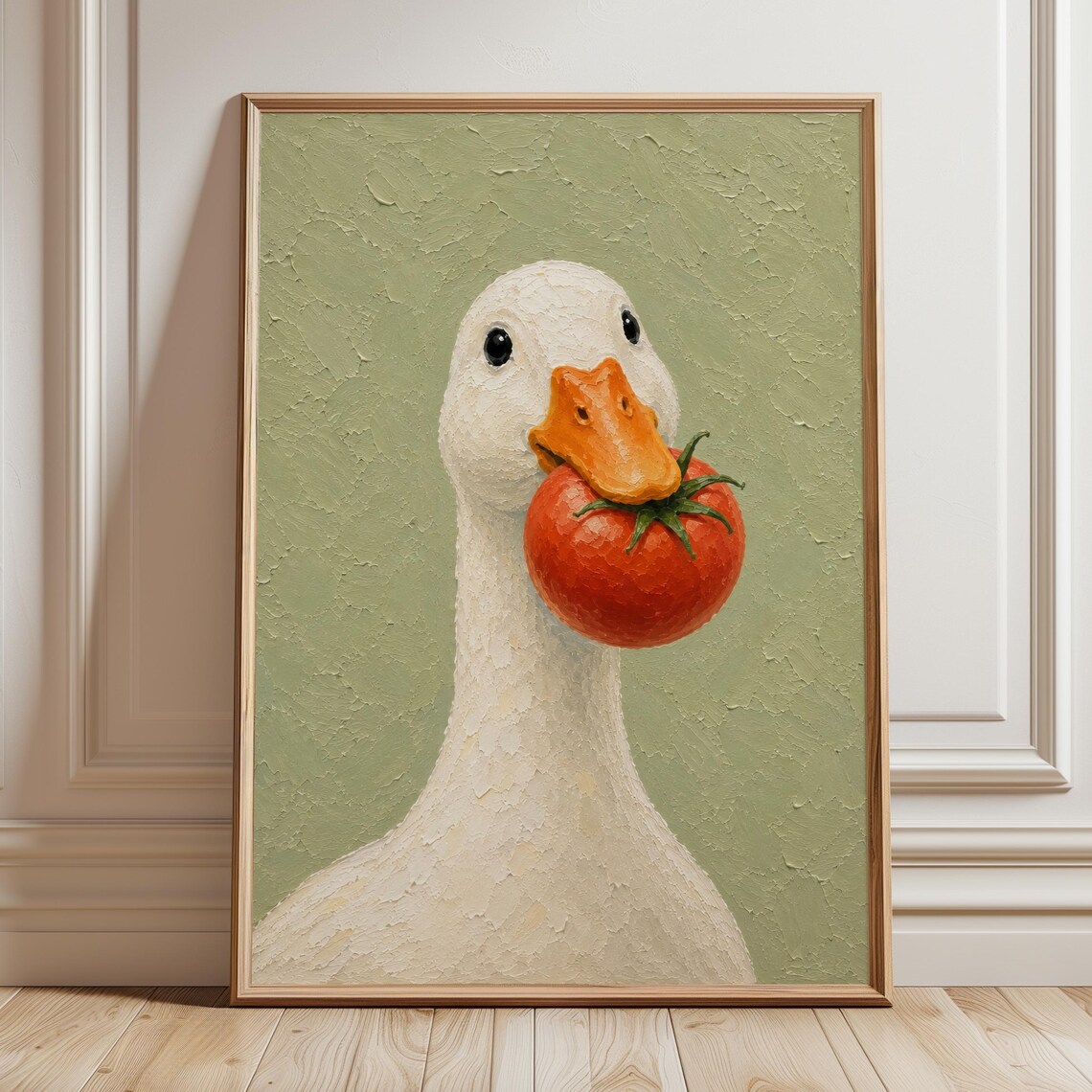 White Duck Holding Tomato Quirky Farmhouse Funny Animal Art Poster