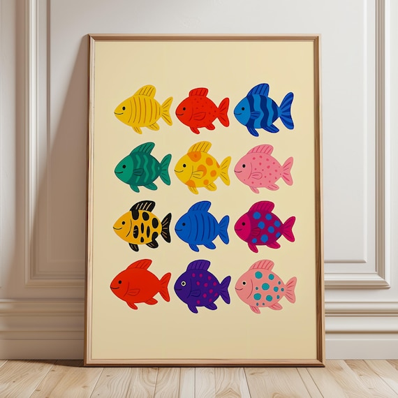 Colorful Fish Grid Poster Cute Retro Aquarium Nursery Ocean Art