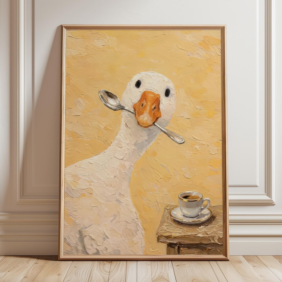 Silly Goose with Spoon Coffee Cup Impasto Funny Yellow Goose Kitchen Poster