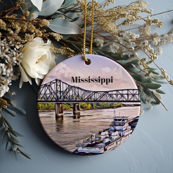 Mississippi River Bridge Riverboat Scene Ceramic Ornament Wall Art