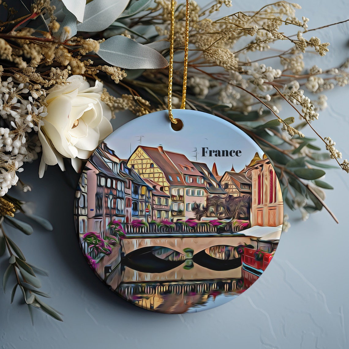 France Canal Half Timbered Houses Bridge Holiday Ornament Poster